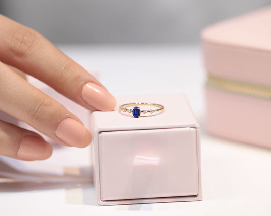 Dainty Ring, Prong Setting Oval cut Sapphire and Diamond Ring , 14K Yellow Solid Gold | LR00059DS