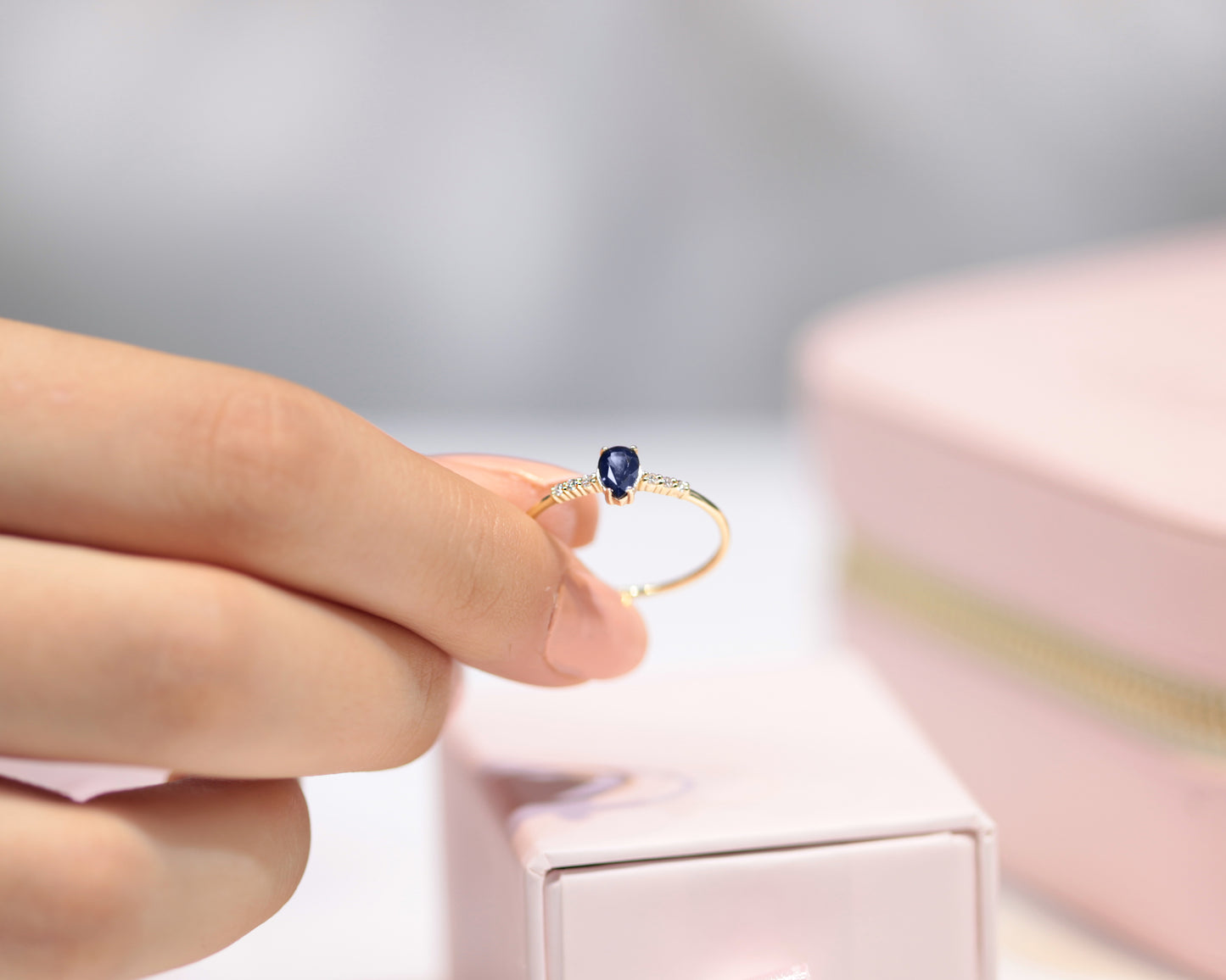 Dainty Ring, Sapphire Pear cut with Sprinkled Diamonds, 14K Gold