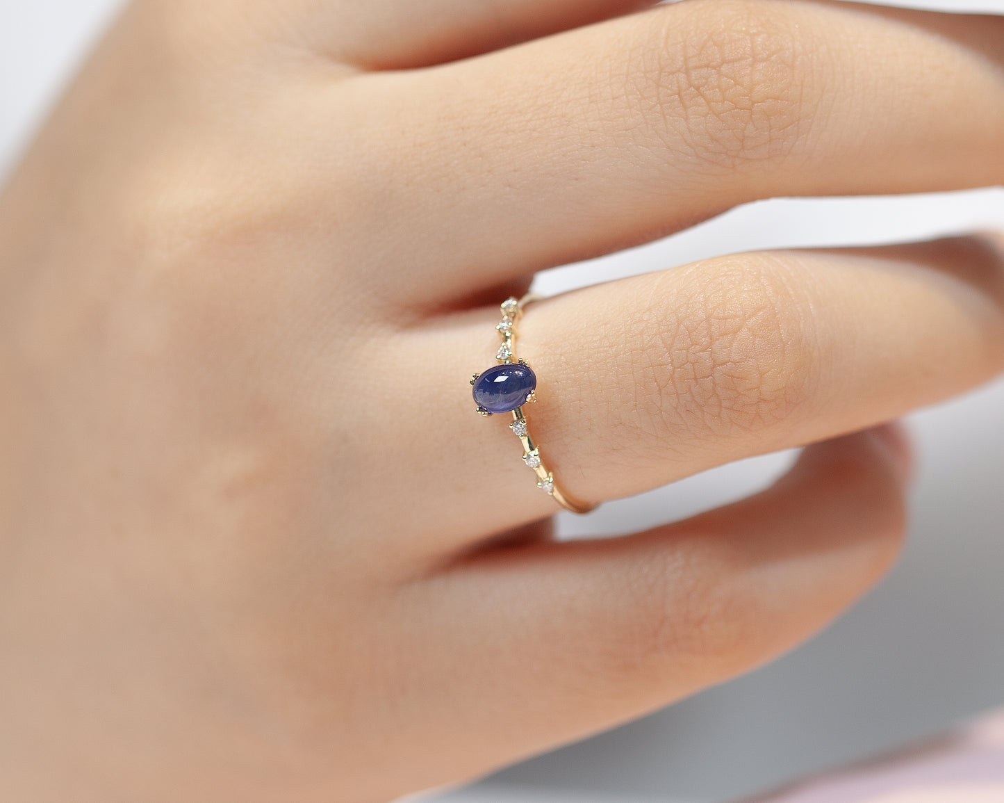 Dainty Ring, Oval Cabochon Smooth Polished Sapphire with Sprinkled Diamonds, 14K Gold