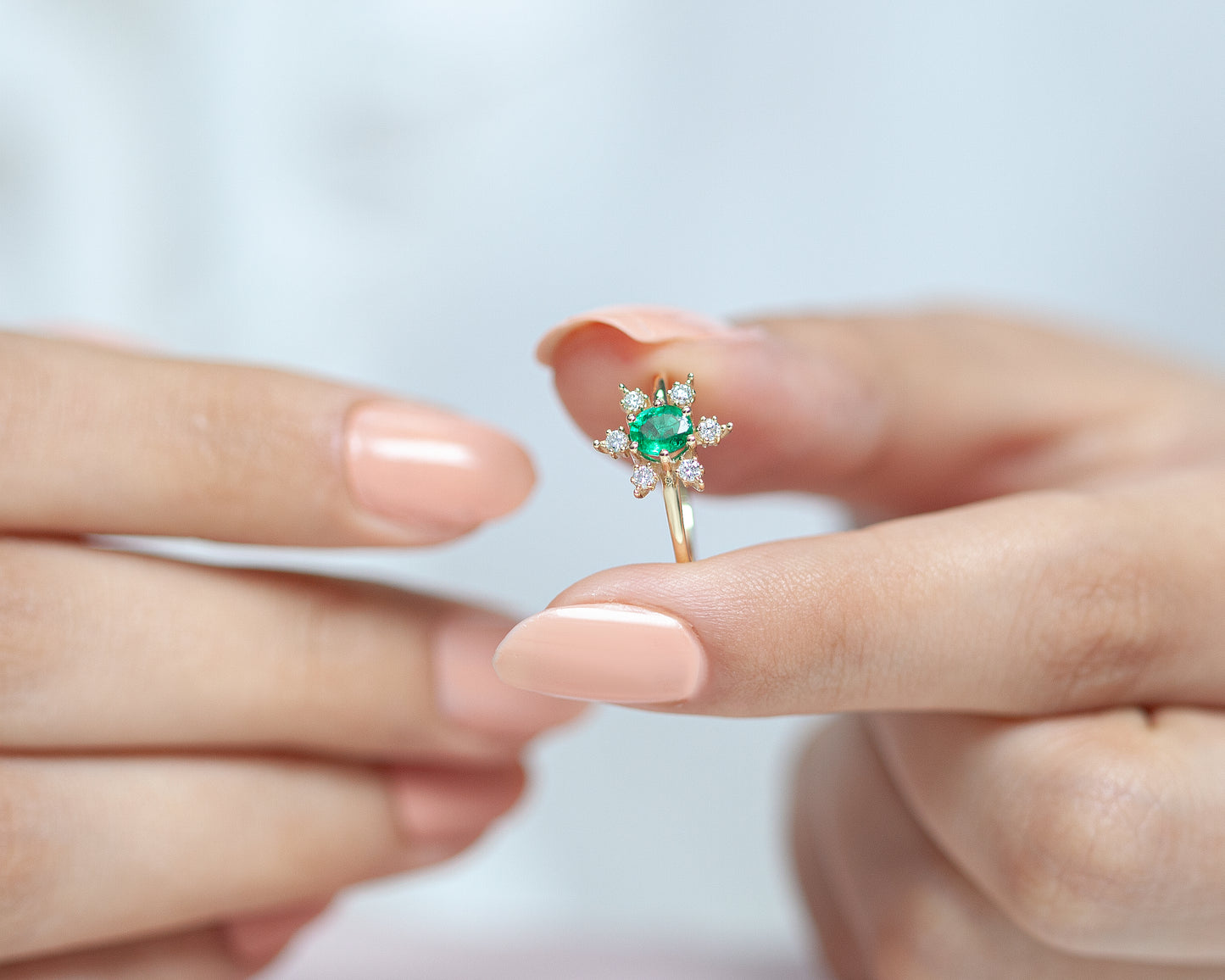 Dainty Ring, Snow Flake Ring, Emerald rose cut with Diamonds, 14K Gold