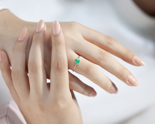Dainty Ring , Emerald cut Emerald with 8 Diamonds, 14K Gold