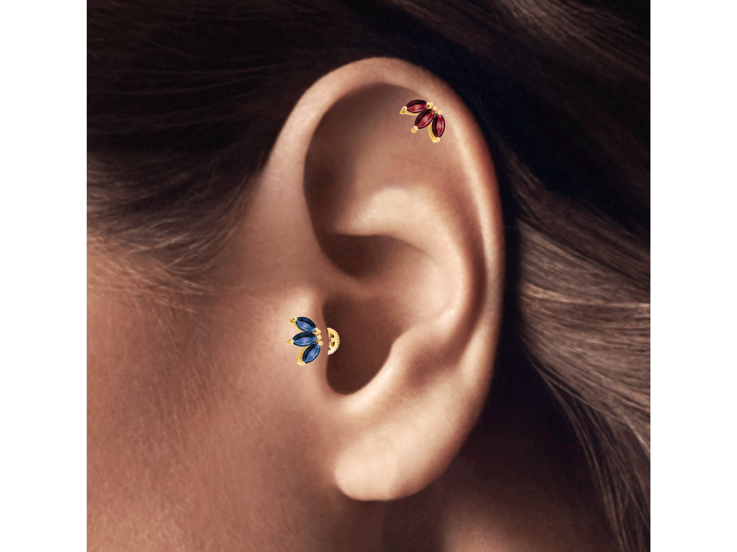 Cartilage Tragus Piercing Design Three Stone Marquise Cut Sapphire Piercing Single Earring