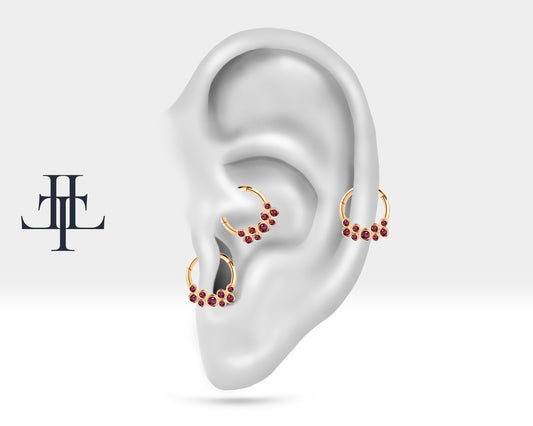 Cartilage Hoop Ruby Design Clicker Piercing,Single Earring,14K Gold,16G(1.2mm)