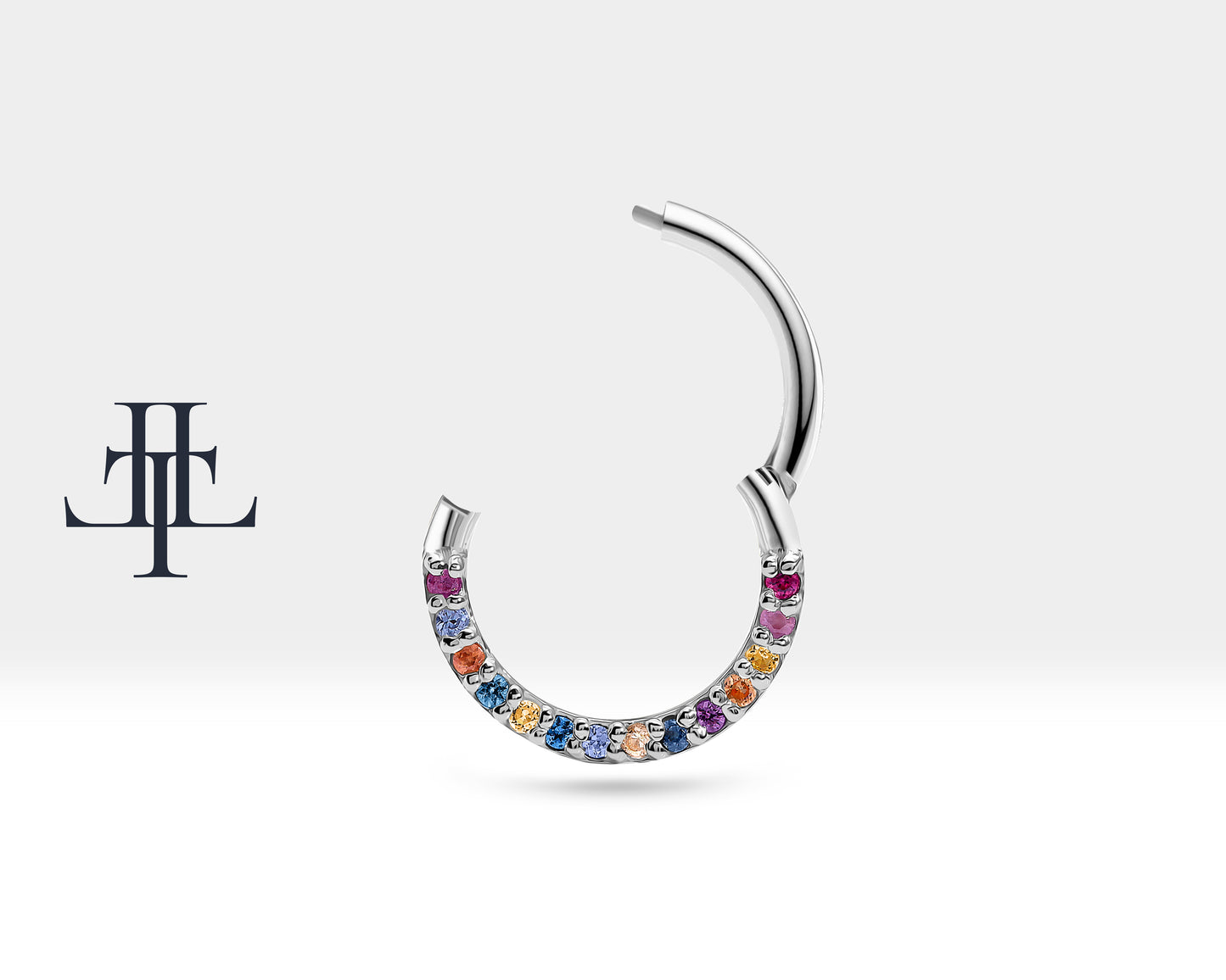 Cartilage Hoop Sequencing Rainbow Design Sapphire Piercing,Single Earring,14K Gold,16G(1.2mm)