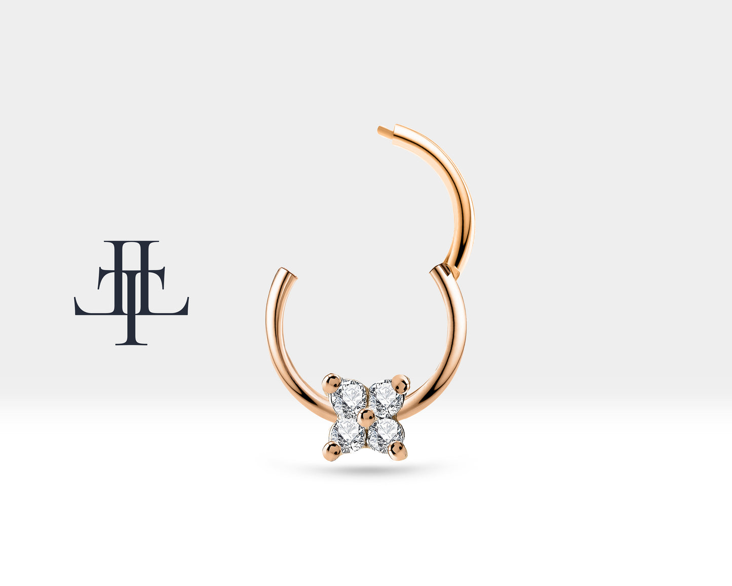 14K Gold Cartilage Hoop Four Round Diamond Flower Design Clicker