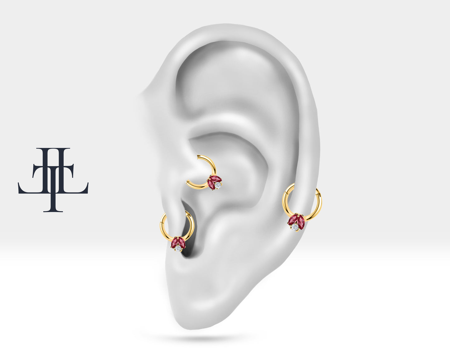 Cartilage Hoop Piercing Marquise Round Cut Ruby Diamond Single Earring 14K Gold,16G