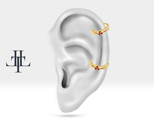 Cartilage Conch Leaf Design Ruby Clicker Piercing,Single Earring,14K Solid Gold,16G(1.2mm)