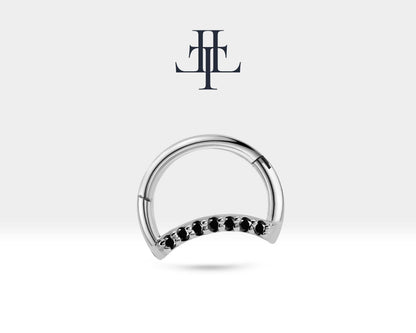 14K Solid Yellow Gold Moon Design Hoop Clicker Piercing with Black Diamond for Tragus 16G(1.2)