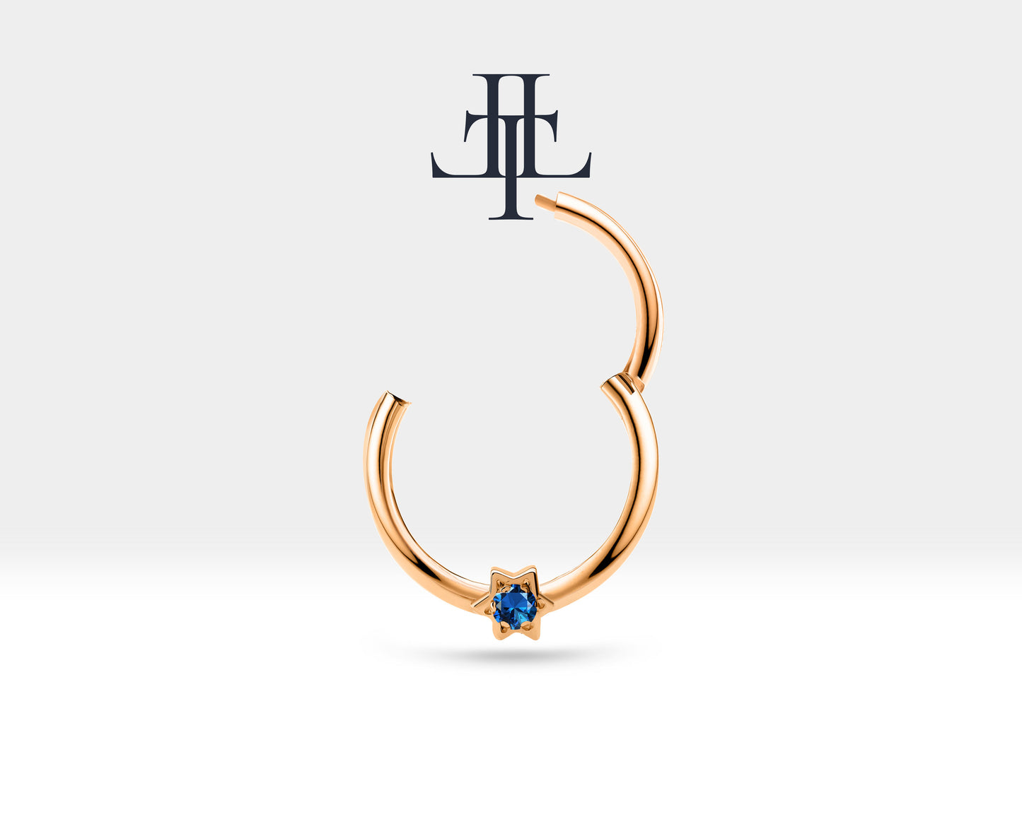 Cartilage Hoop , Tiny Star Design Sapphire Clicker Piercing , Single Earring , 14K Solid Gold