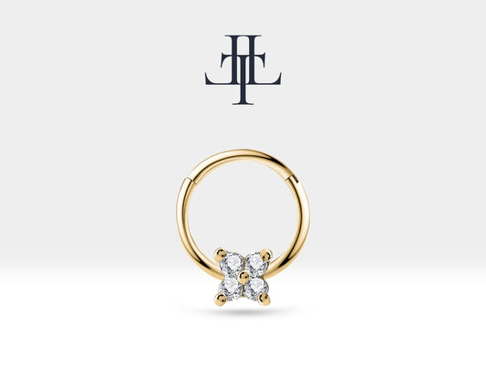 14K Gold Cartilage Hoop Four Round Diamond Flower Design Clicker