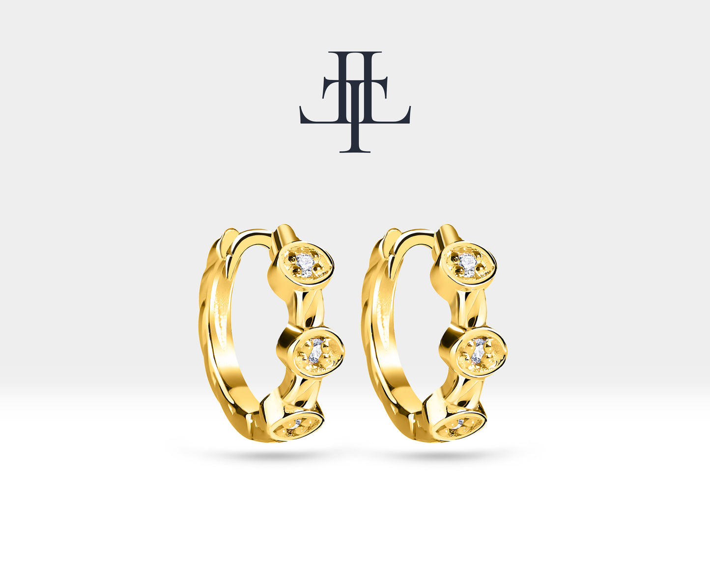 Three Diamond in Oval Nest Design Earring 14K Yellow Solid Gold