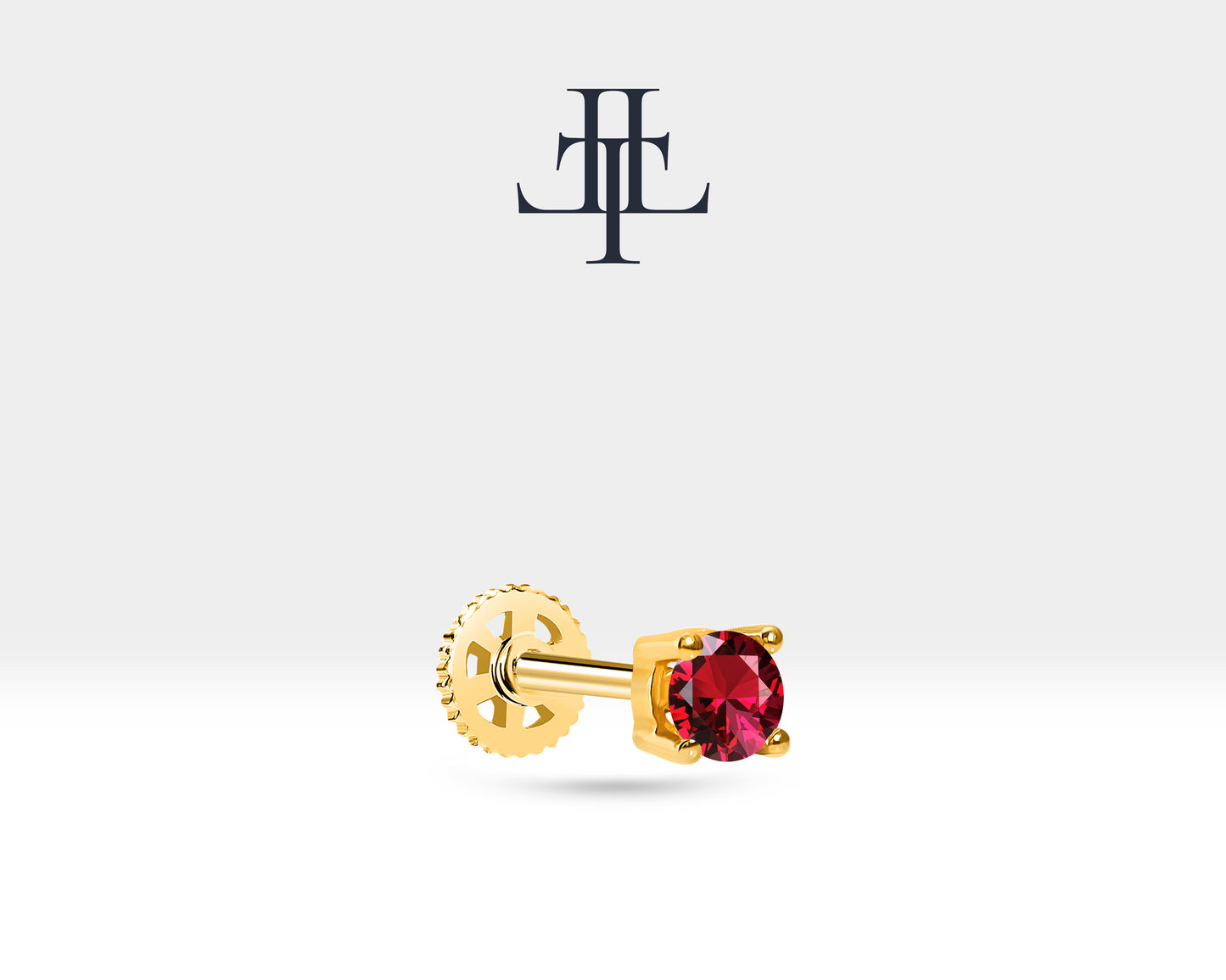 Cartilage Stud Ruby Piercing,Single Daith Stud Earring 14K Solid Gold