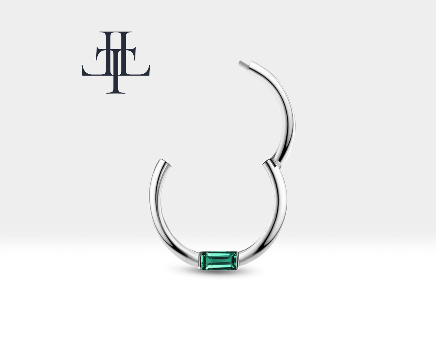 Cartilage Hoop Baguette Cut Emerald Clicker Piercing Single Daith Earring 14K Gold