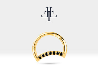14K Solid Yellow Gold Moon Design Hoop Clicker Piercing,Black Diamond Tragus,16G(1.2)
