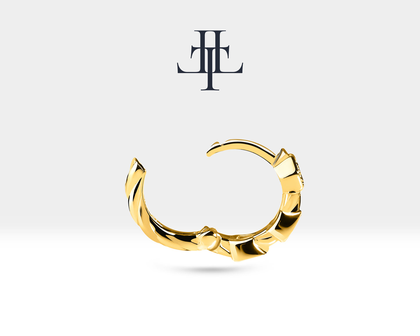Three Diamond in Triangle Nest Design Earring  14K yellow Solid Gold Hoop Earring