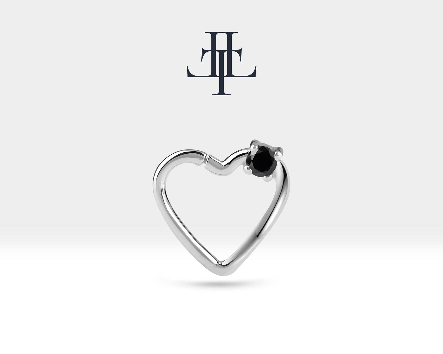 Cartilage Heart Clicker,Solitaire  Black Diamond Heart Clicker,Single Earring,14K