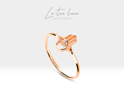 Hamsa Hand of Fatima Diamond Gold 14K Handmade Ring Minimal Ring