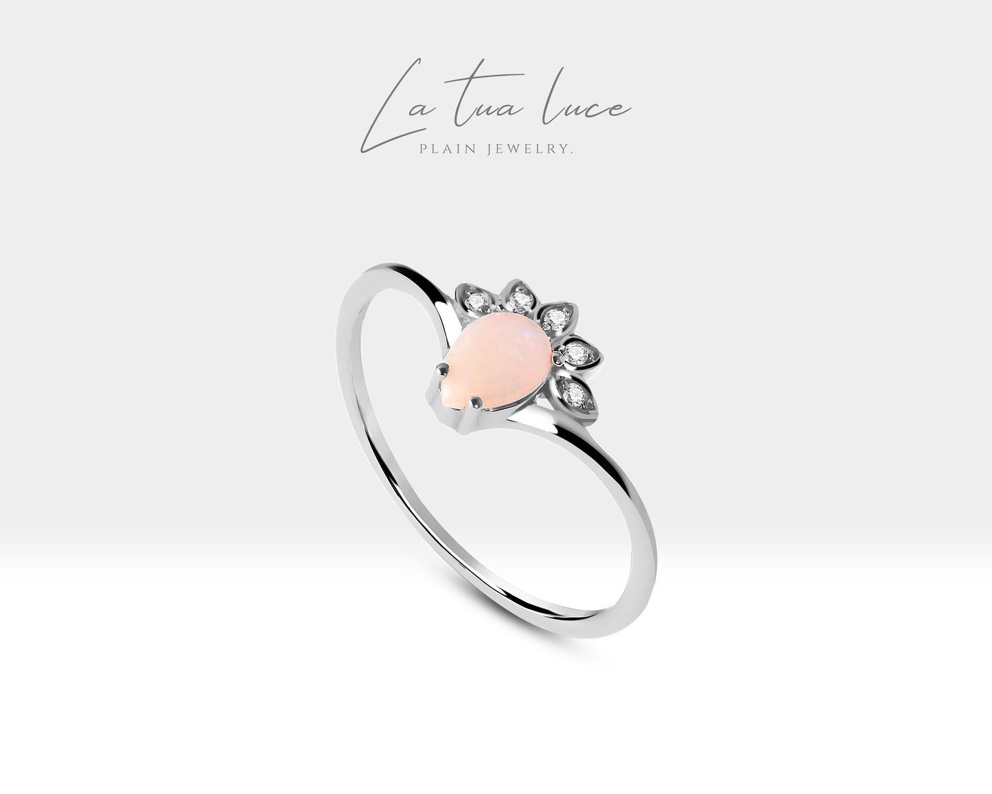 Gold 14K Opal and Diamond Minimal Design Ring Valentines Gift