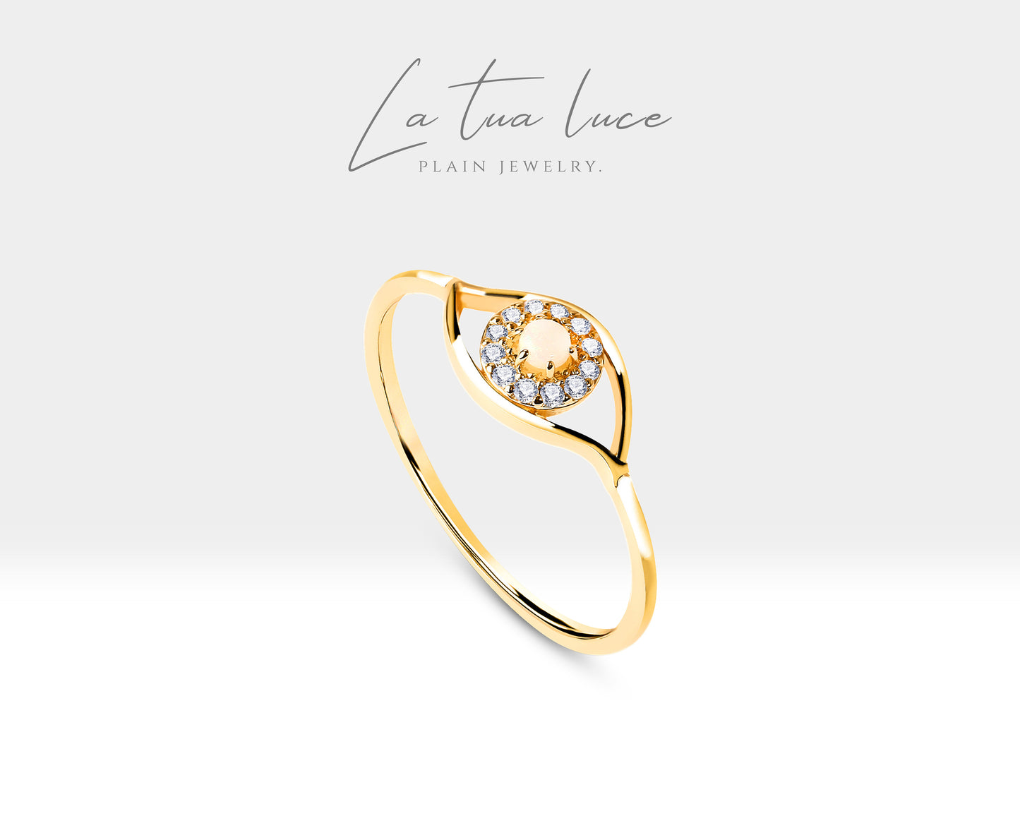 Oval Opal and Diamond Eye Design Gold 14K  Handmade Ring  Minimal Ring