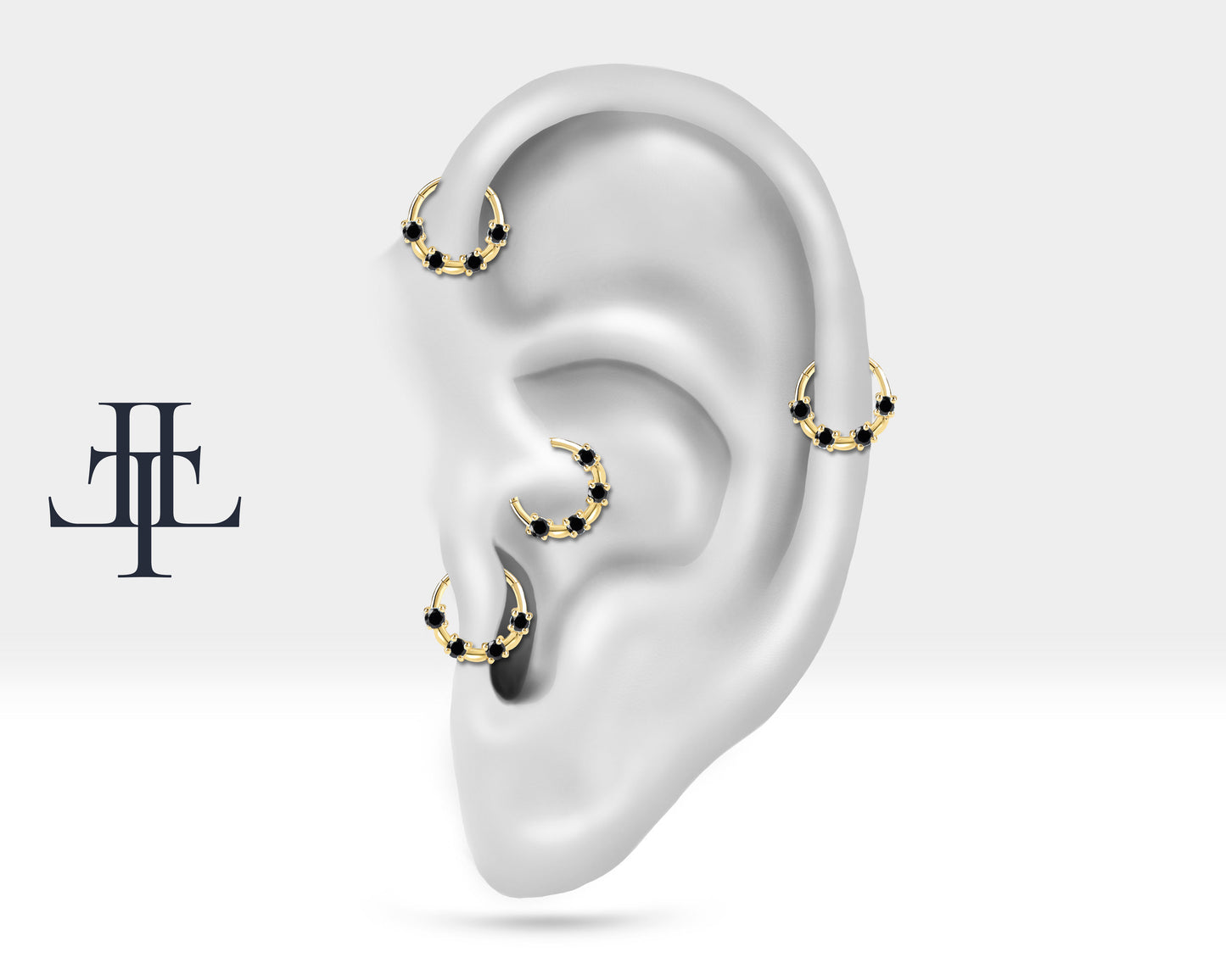 Cartilage Hoop,Four Pieces Black Diamond Design Clicker Piercing,Single Earring,14K Solid Gold,18G