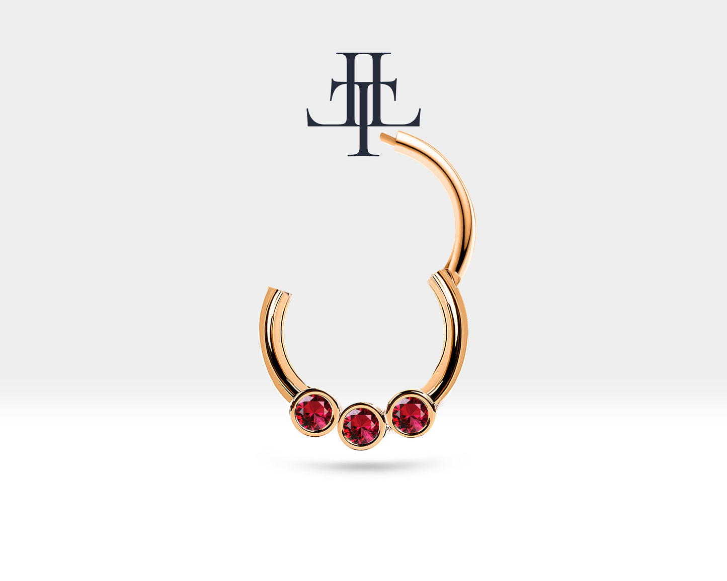Cartilage Hoop Three  Round Cut Ruby Clicker Single Earing ,14K Yellow Gold,16G(1.2mm)