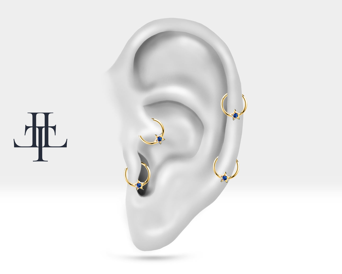Cartilage Hoop  Round Cut Sapphire Star Clicker Single Earring 14K Gold,16G