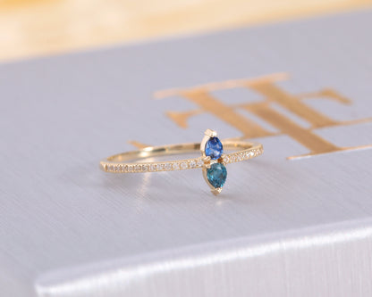 Unique Design Ring with Pear Cut Sapphire and Round cut Diamond 14K Gold