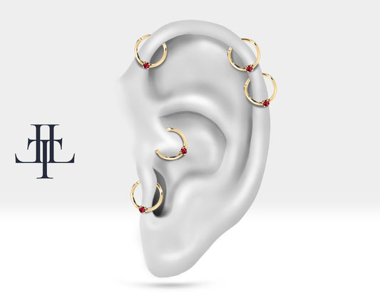 Cartilage Hoop Round Cut Ruby Clicker Piercing , Single Earring , 14K Solid Gold
