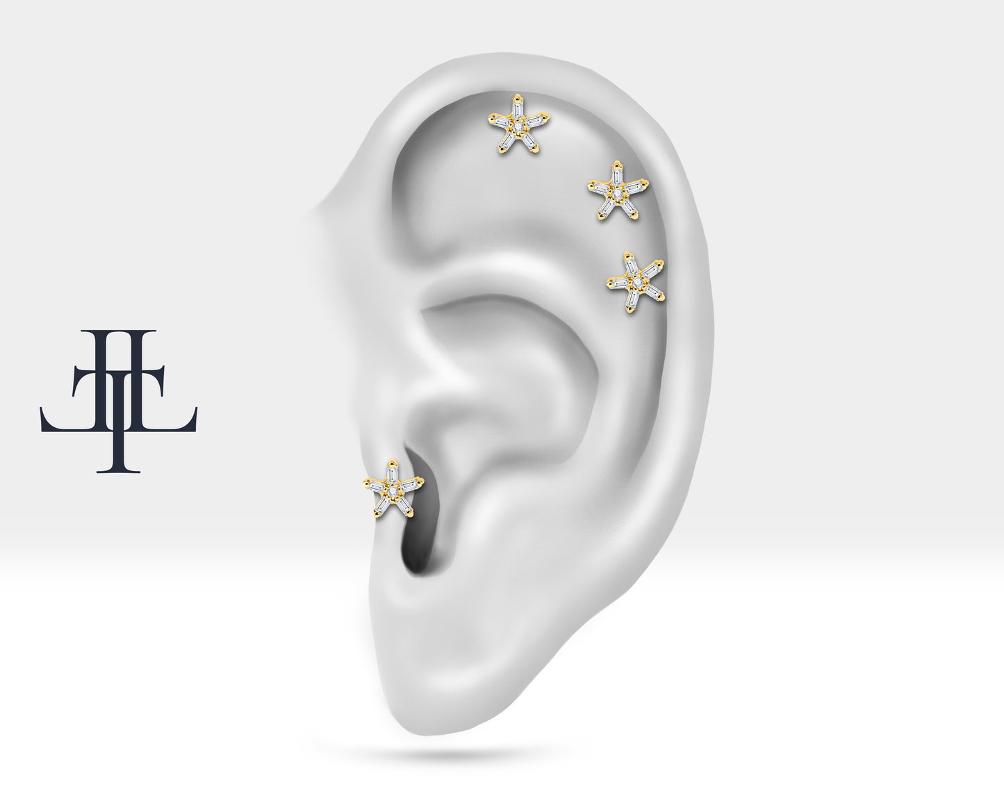 Cartilage Tragus Piercing Baguette Cut Star Design Diamond Piercing Single Earing