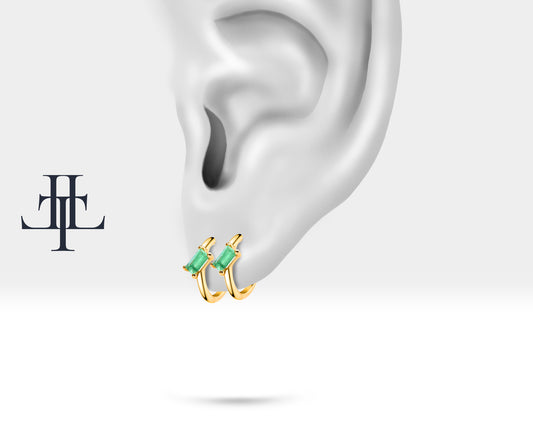 Cartilage Hoop Baguette Cut Cross Standing Emerald Earring Single Earring 14K Gold