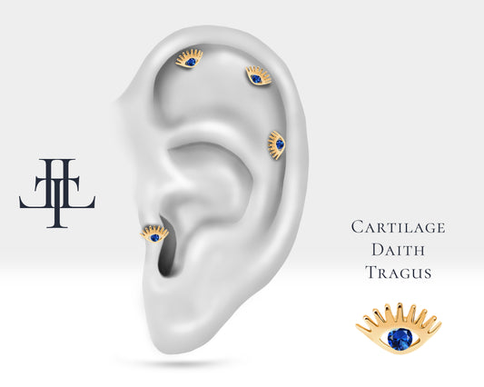 Screw Back Tragus Piercing, Small Eye Design Sapphire Piercing, Single Earring , 14K Solid Gold