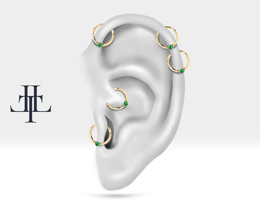 Cartilage Hoop Round Cut Green Garnet Clicker Piercing , Single Earring , 14K Solid Gold