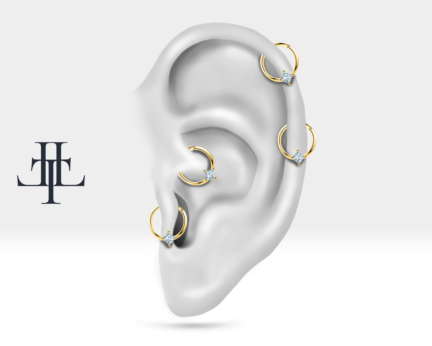 Cartilage Hoop , Princess Cut Diamond Clicker, Single Earring, 14K Solid Gold