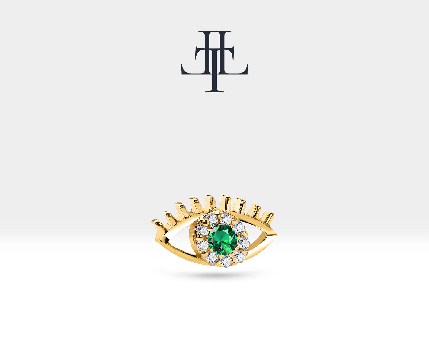Tragus Piercing , Eye Design Green Garnet and Diamond Piercing , 14K Solid Gold