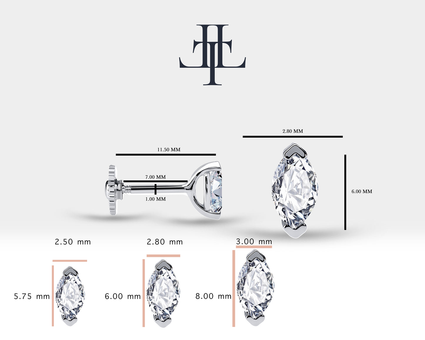 Cartilage Tragus Piercing Design 3 Size Marquise Cut Diamond Piercing Single Earring