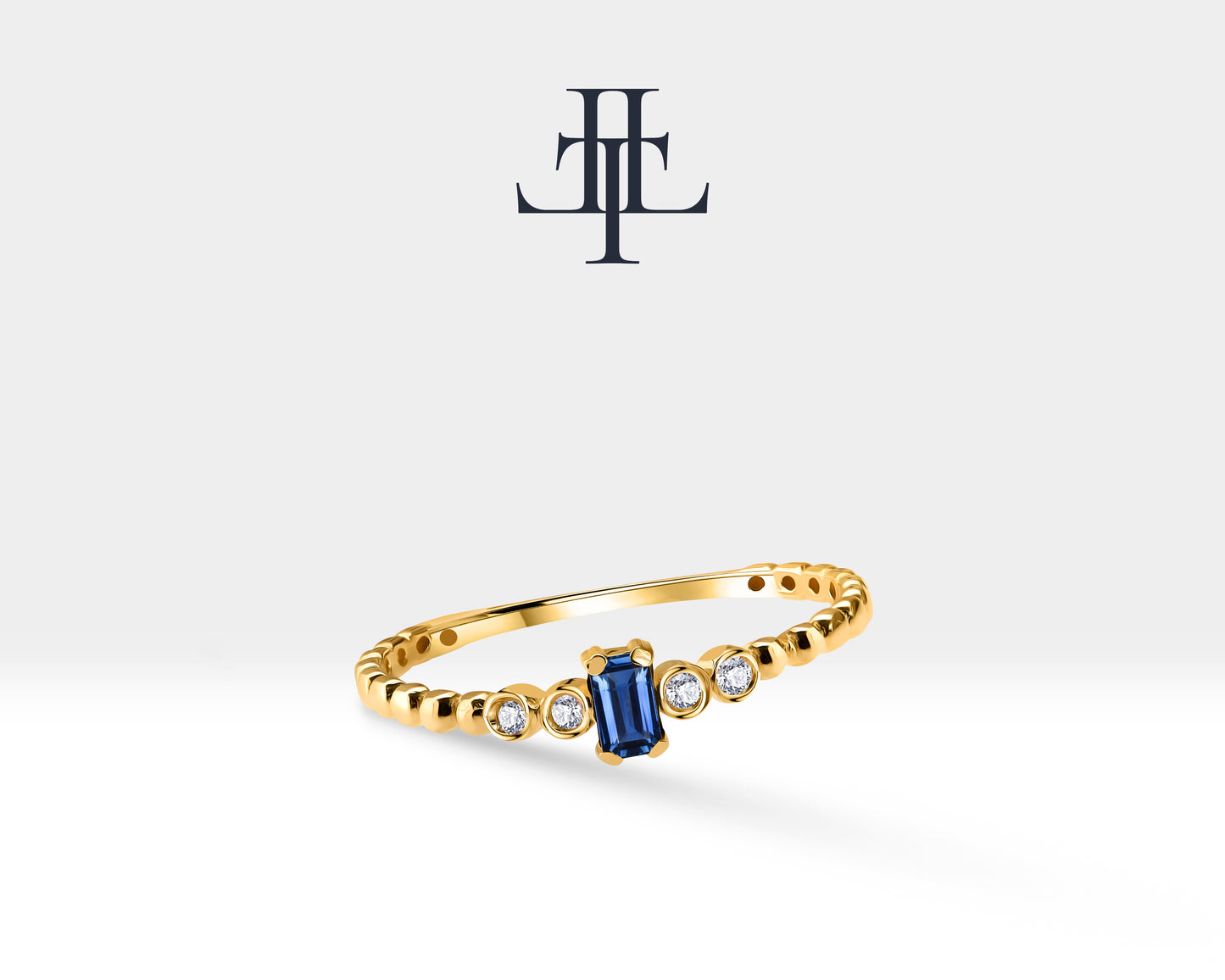 14K Yellow Solid Gold,Multi Stone Ring,Baguette Cut Sapphire-Diamond Ring,Dainty Gold