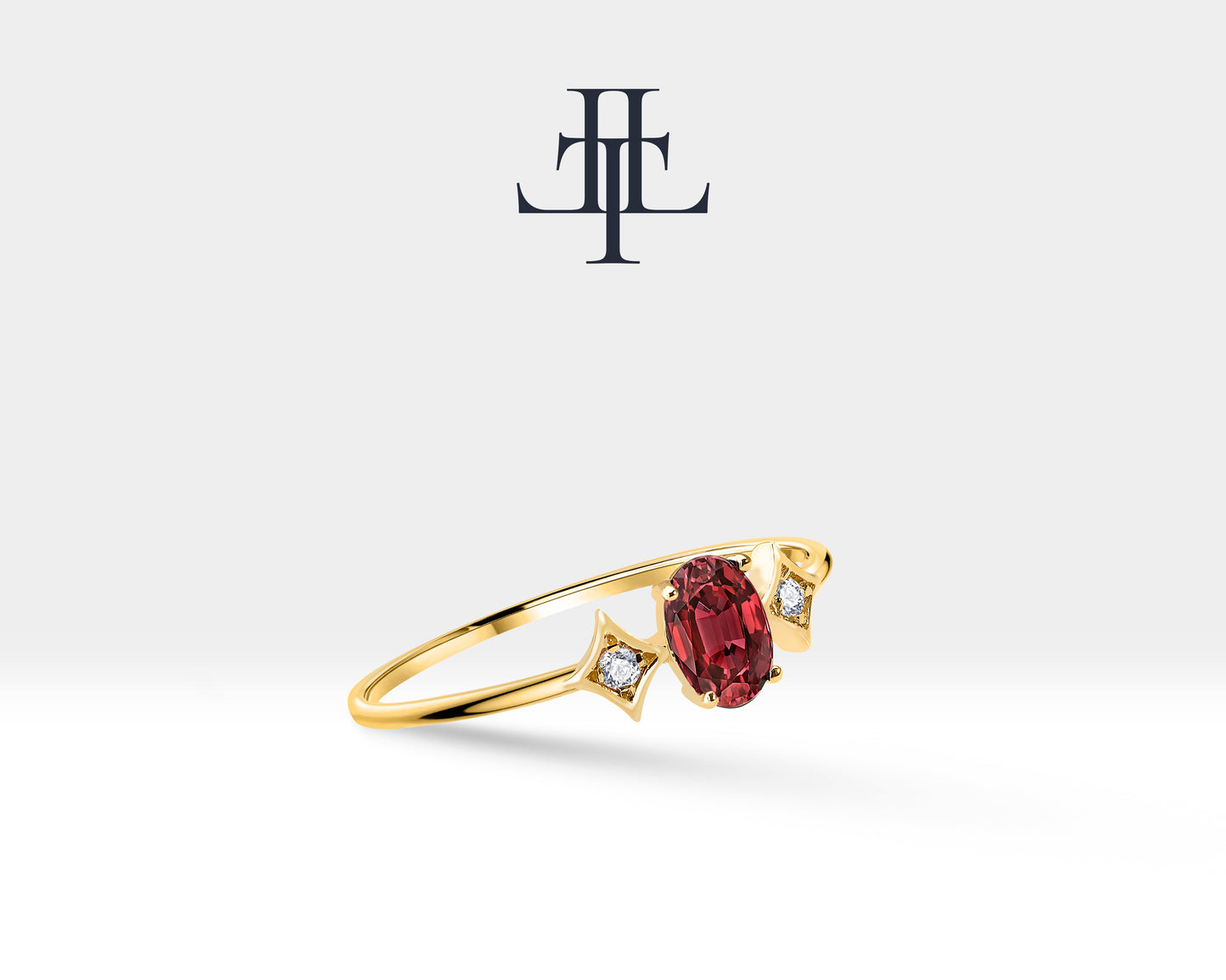 14K Yellow Solid Gold Ring ,Multi Stone Ring ,Oval Cut Ruby with Bezel Set Diamond