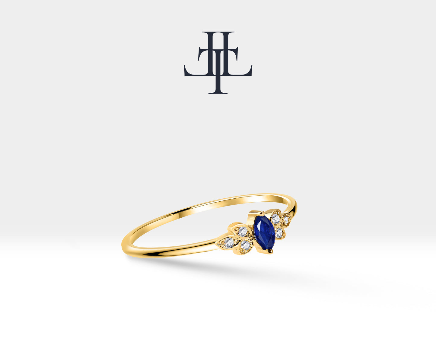 14K Yellow Solid Gold Ring,Straight Shank Ring,Marquise Cut Sapphire Ring,Multi Stone