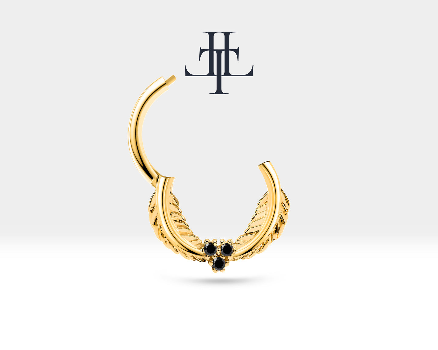 Cartilage Hoop,Leaf Design Black Diamond Clicker Piercing,14K Yellow Solid Gold,16G(1.2mm)