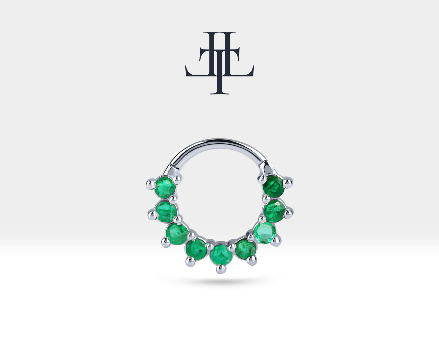 Cartilage Hoop Clicker with Nine Pieces Emerald,Single Earring,14K Solid Gold,16G(1.2mm)