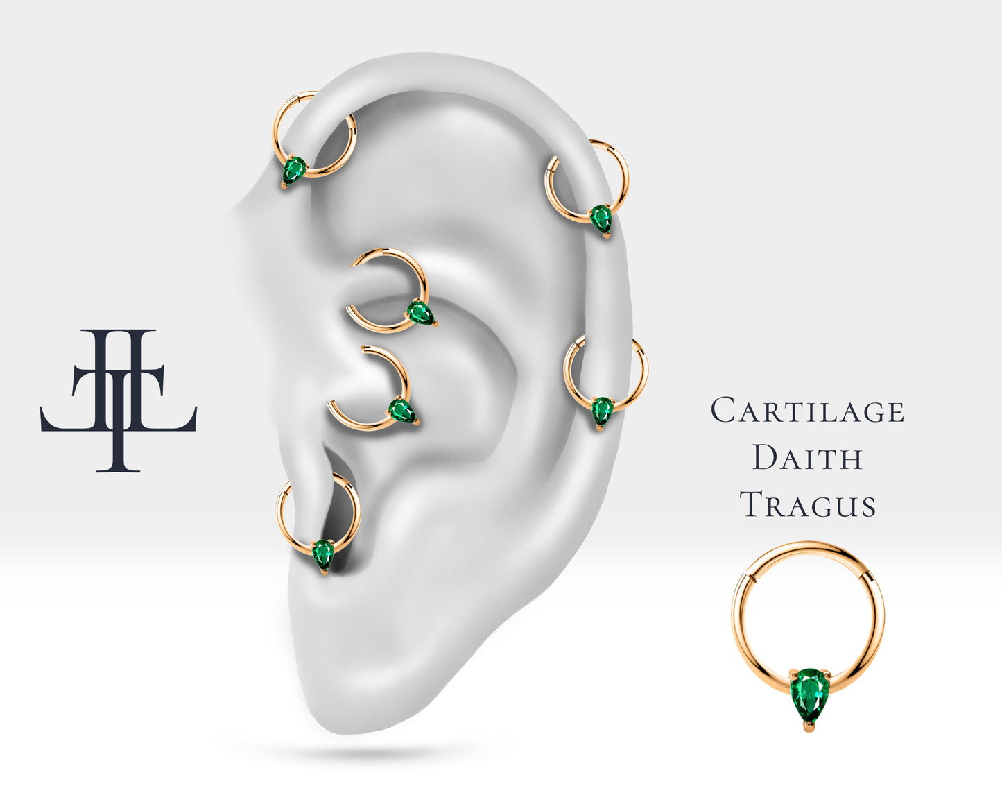 Cartilage Hoop , Pear Cut Emerald Clicker Piercing ,  Single Earring , 14K Solid Gold