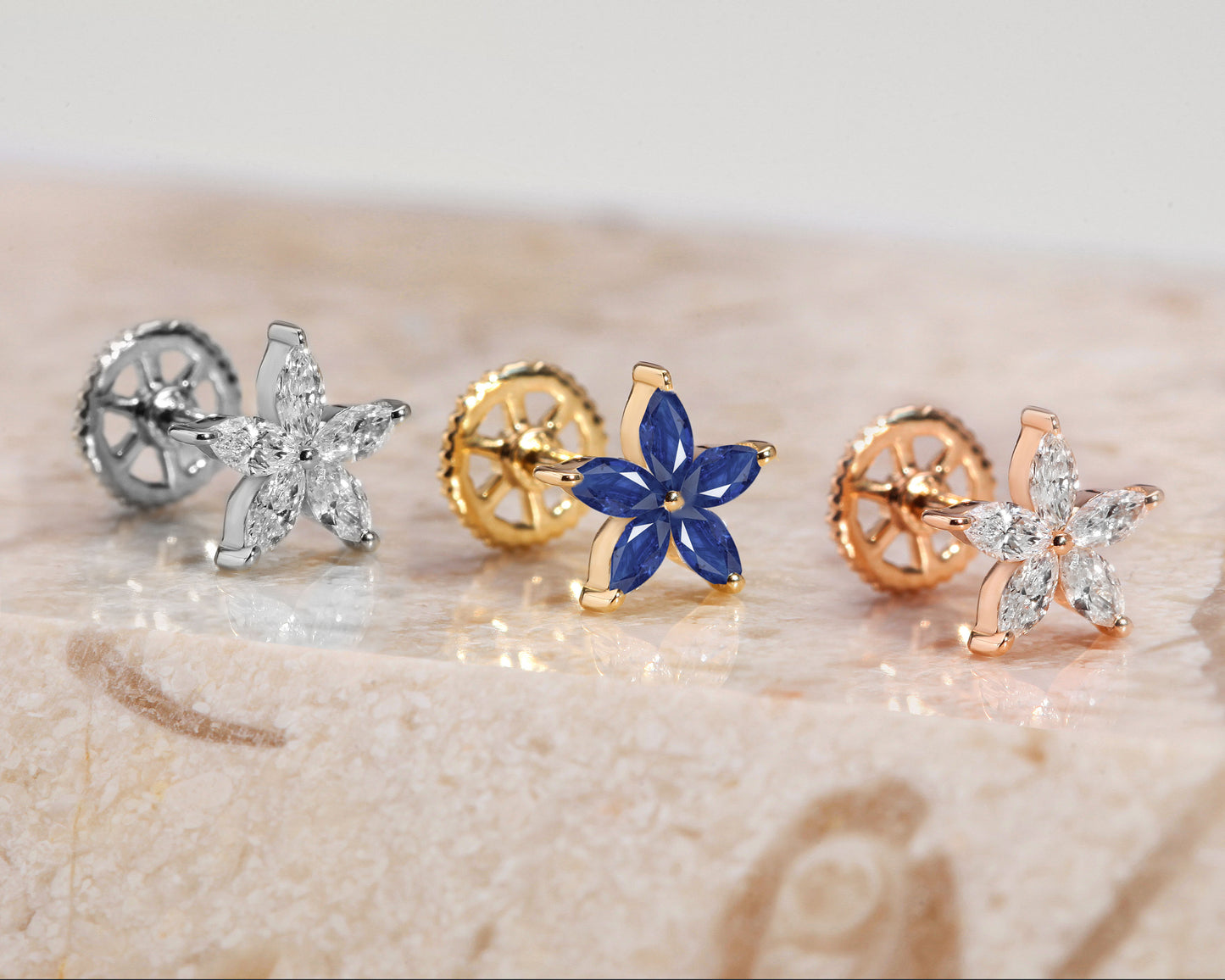 Tragus Piercing, Marquise Cut Star Design Sapphire Piercing , Single Earring , 14K Solid Gold