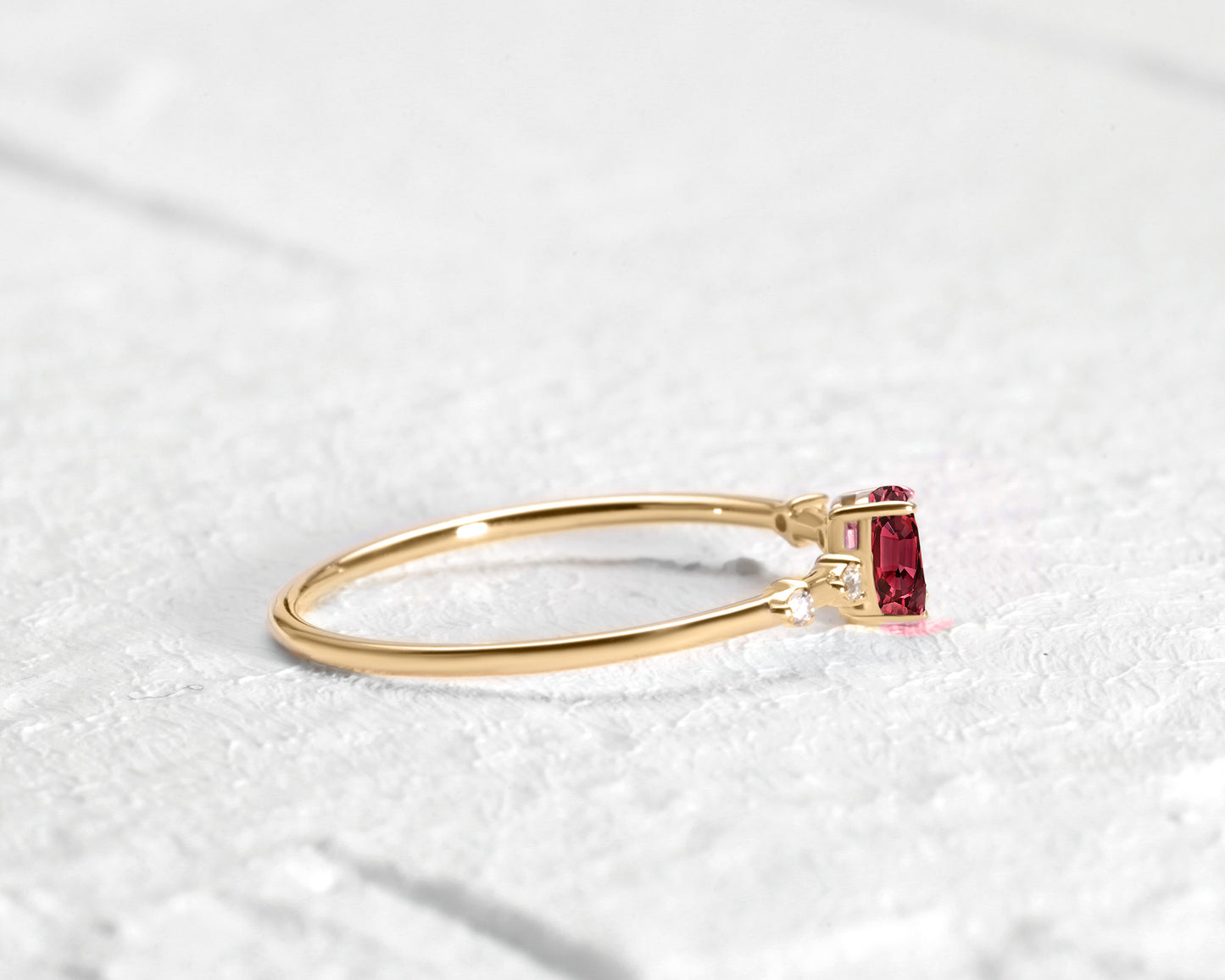 Dainty Ring, Prong Setting Oval cut Ruby and Diamond Ring , 14K Yellow Solid Gold