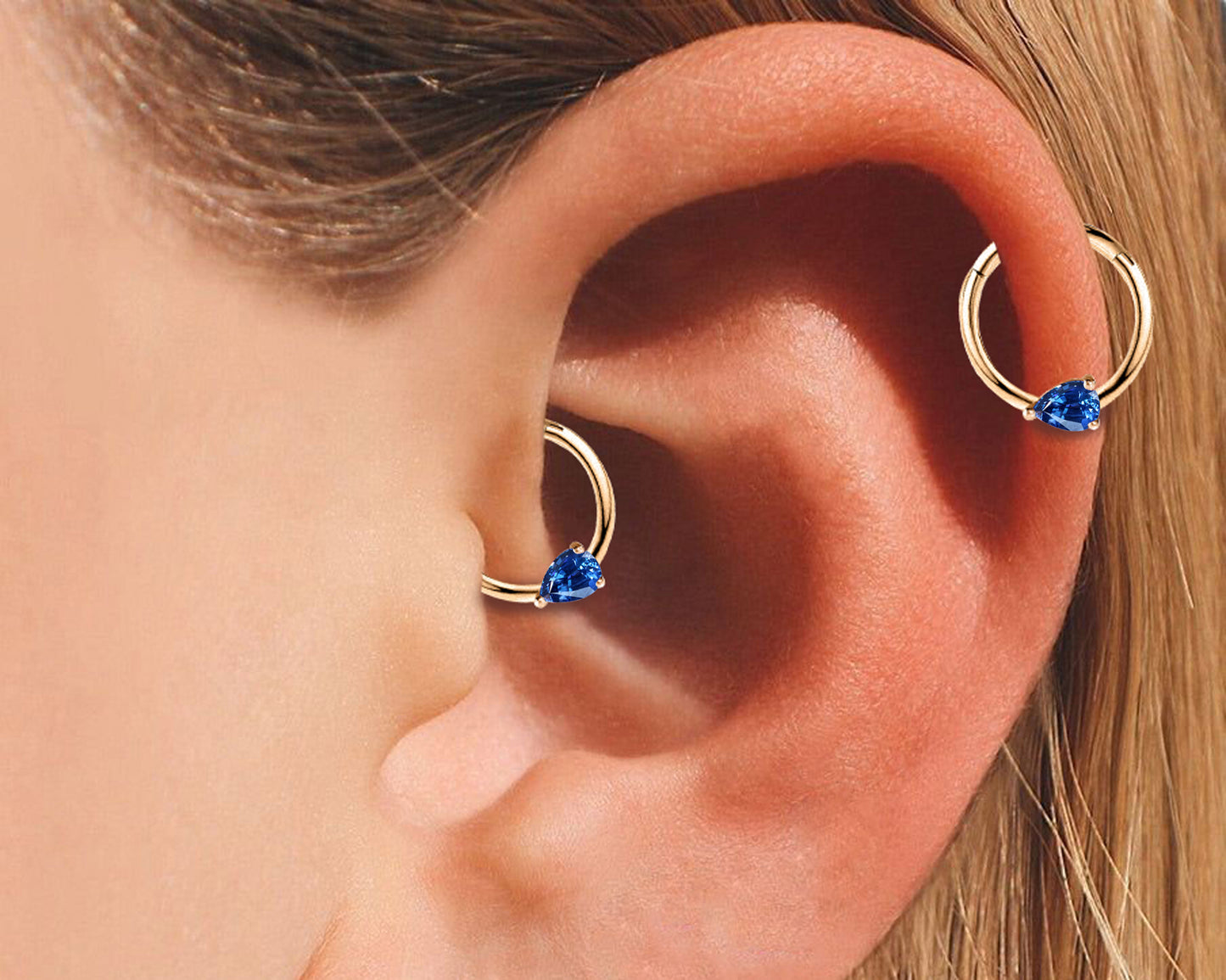 Cartilage Hoop Pear Cut Sapphire Clicker Earring,14K Yellow Solid Gold