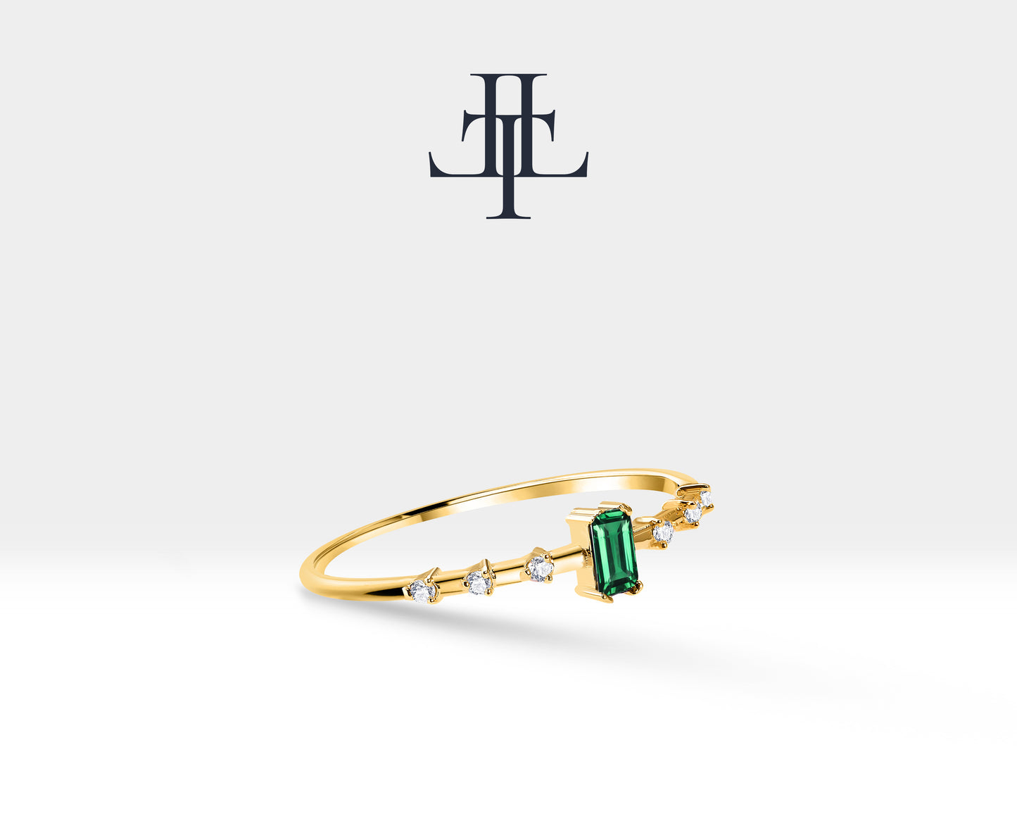 14K Yellow Solid Gold Ring ,Multi Stone Ring ,Baguette Cut Emerald with Diamond Ring