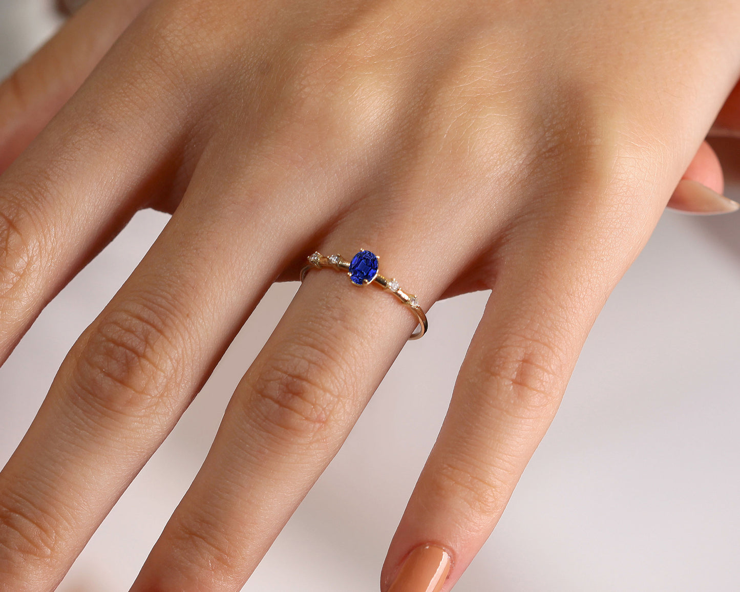 14K Yellow Solid Gold Ring ,Multi Stone Ring ,Oval Cut Sapphire with Tiny Diamond Ring