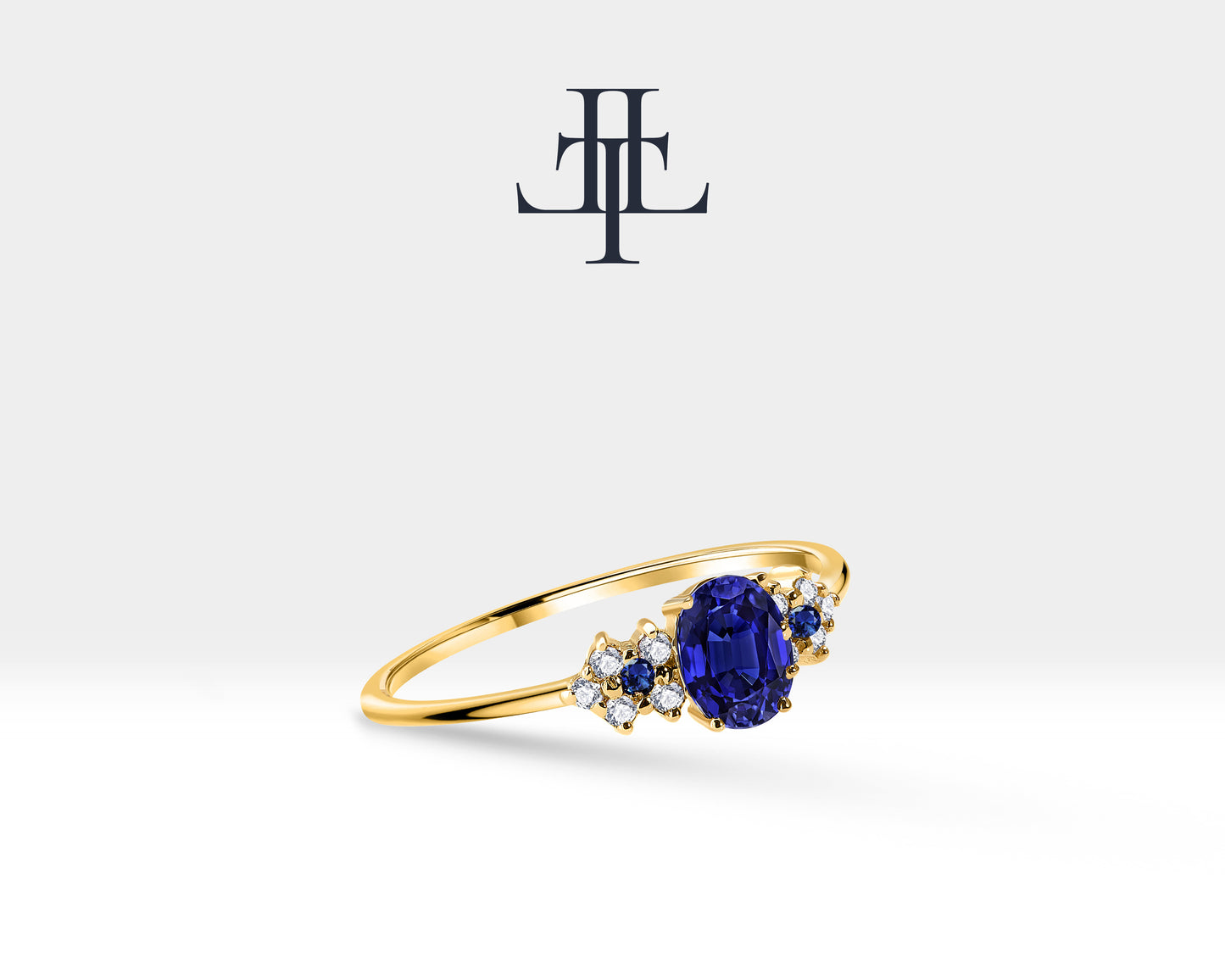 14K Yellow Solid Gold Ring ,Multi Stone Ring ,Oval Cut Sapphire with Cluster Setting Diamond