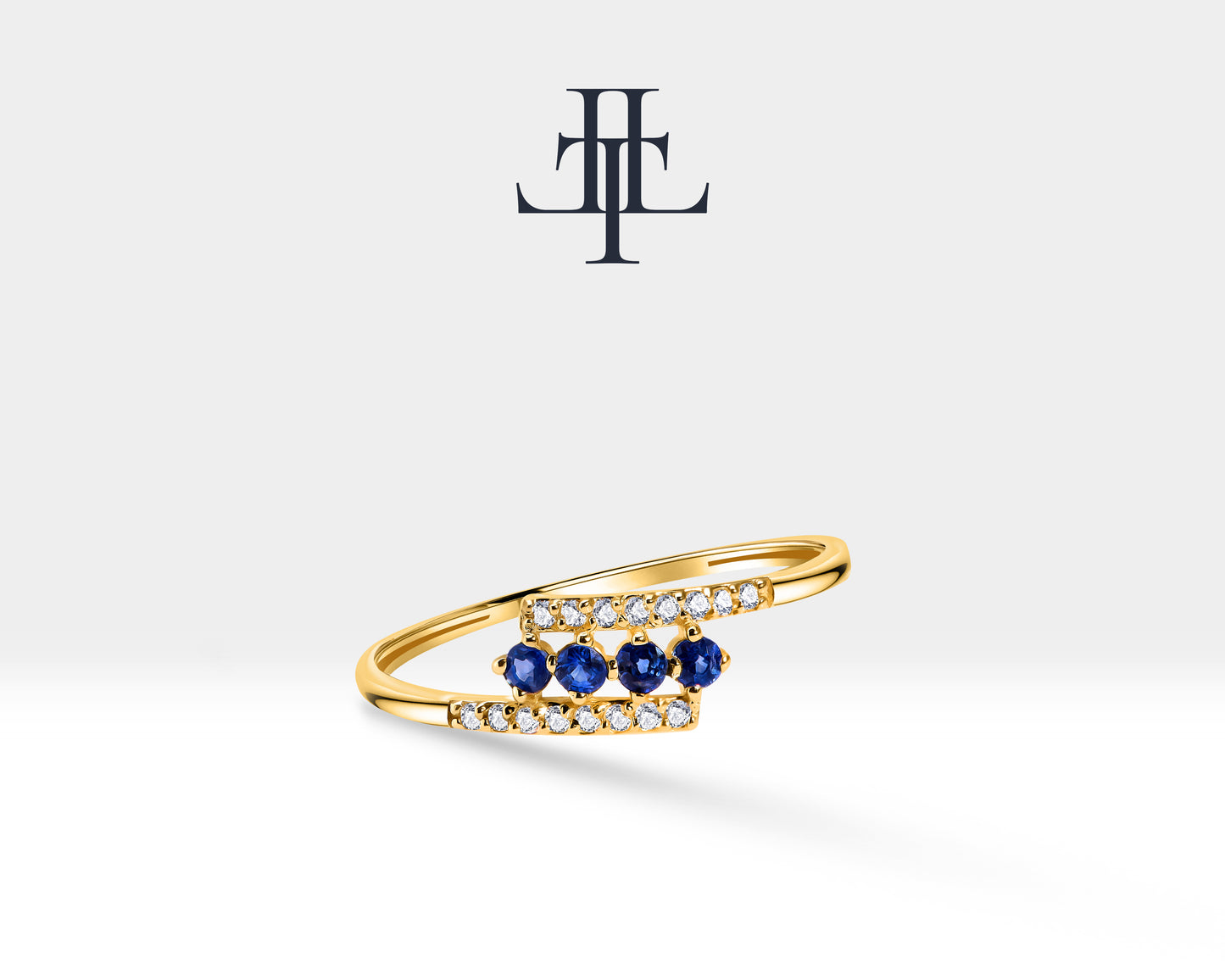 14K Yellow Solid Gold,Multi Stone Ring,Round Cut Sapphire and Diamond Ring