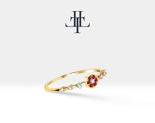 14K Yellow Solid Gold Ring,Multi Stone Ring,Halo Setting Round Cut Ruby Ring