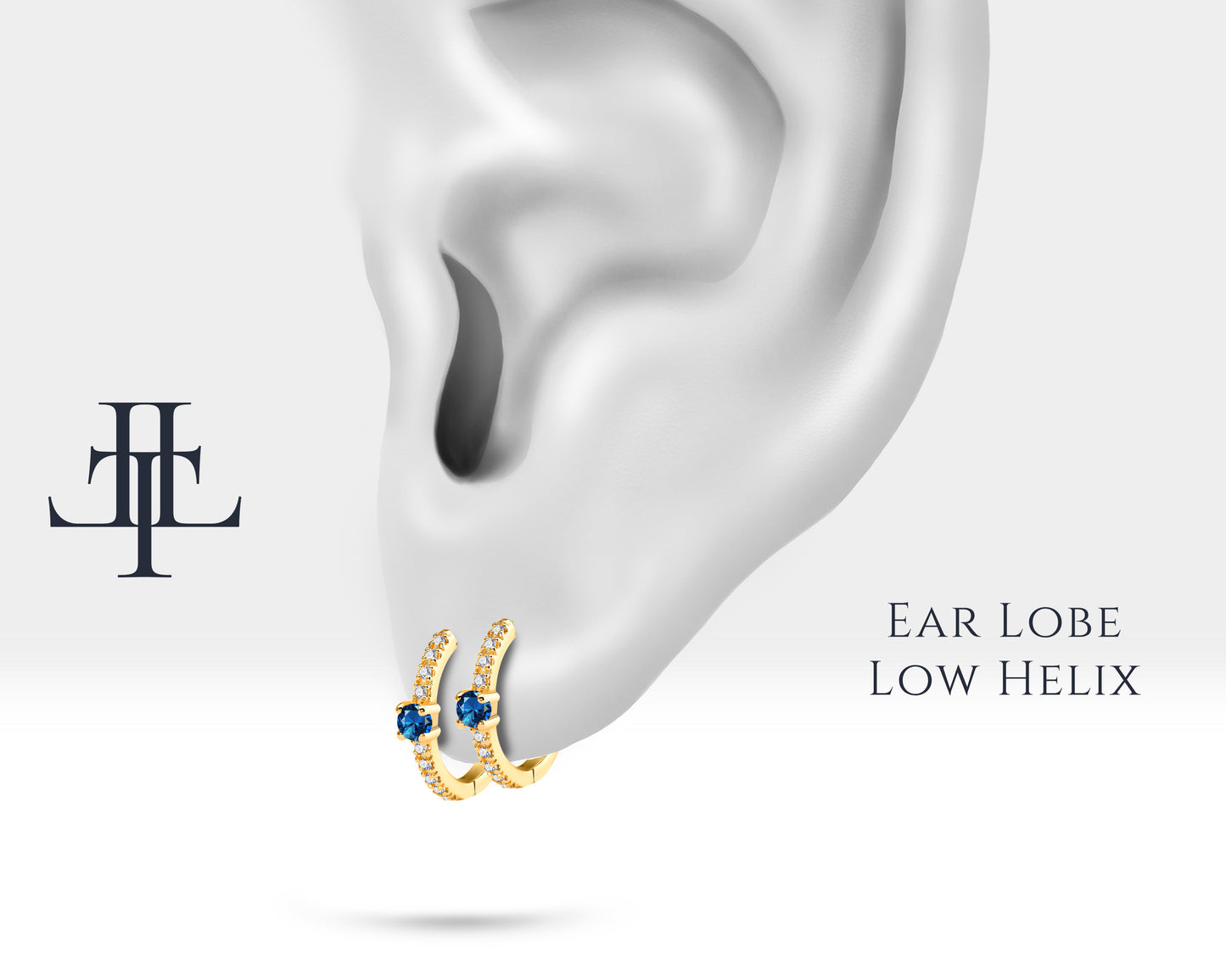 Huggies Earring, Round Cut Sapphire and Diamond Hoop Earring, 14K Yellow Gold